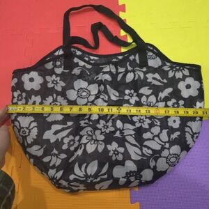 Large Floral Mesh Beach Tote Bag - Black & White Flower Print Market Shopper